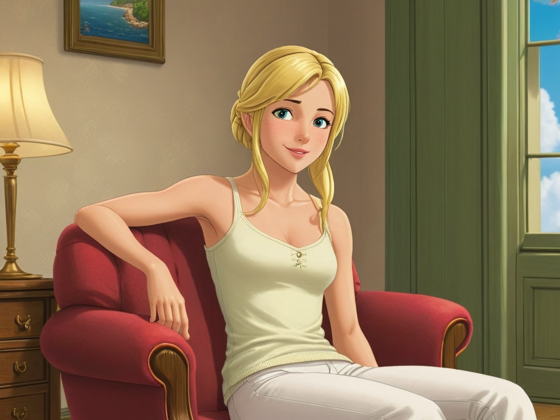 Young Woman Relaxing on Red Sofa in Cozy Room