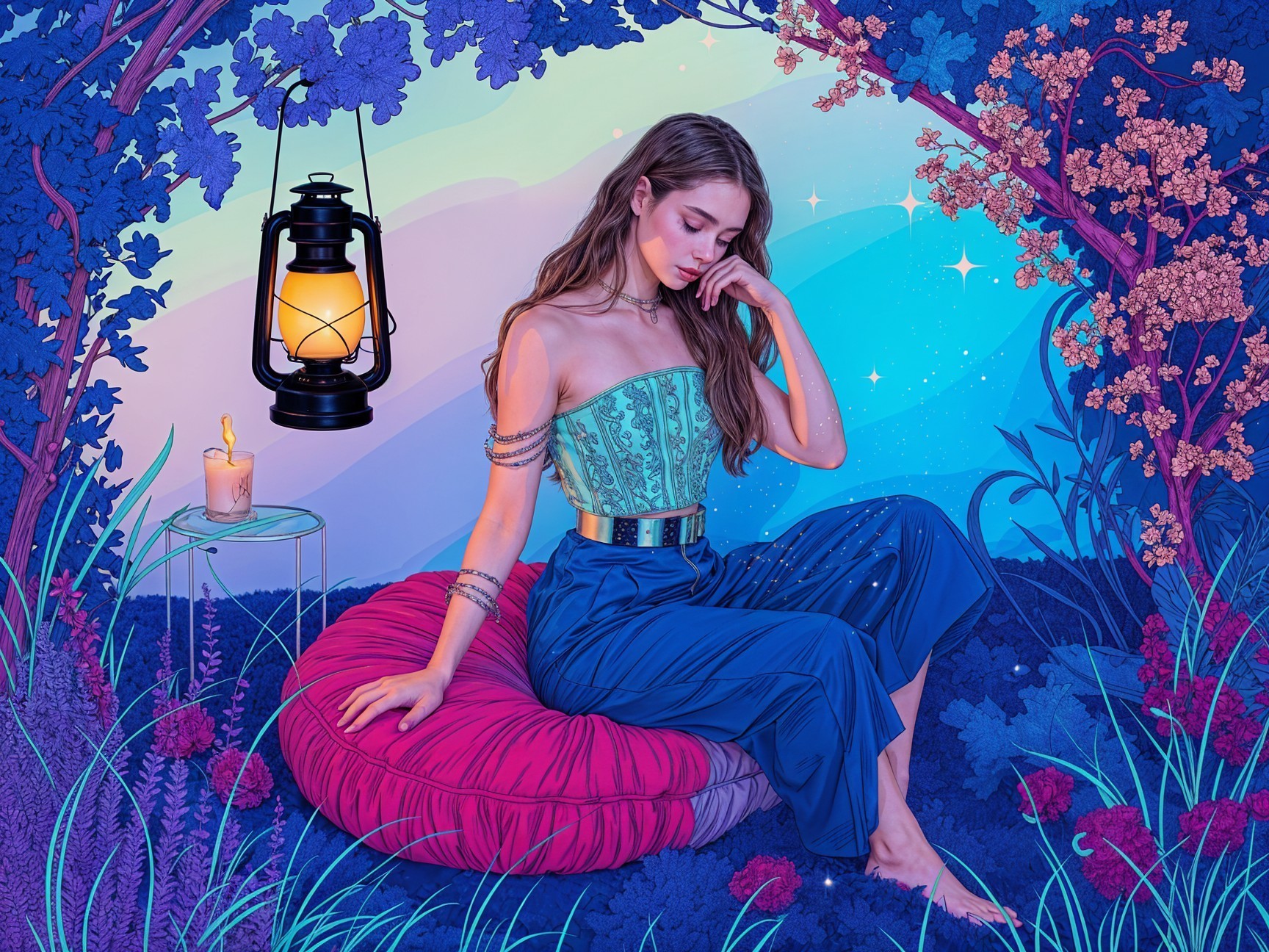 Young woman in colorful landscape with lantern and stars