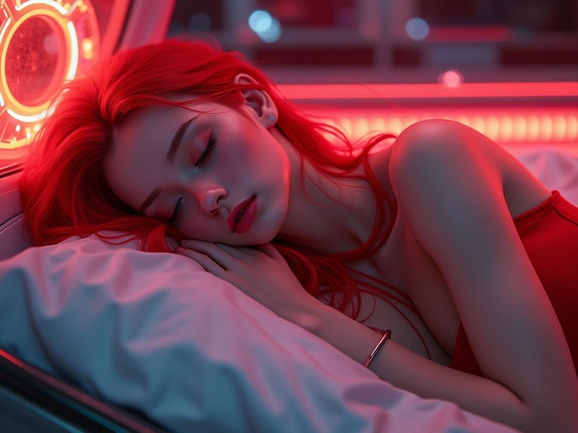 Young Woman with Red Hair in Cozy Sleep Setting