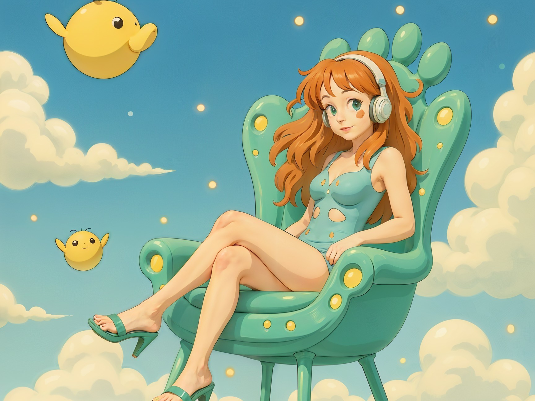 Whimsical Scene of Girl in Teal Chair with Creatures