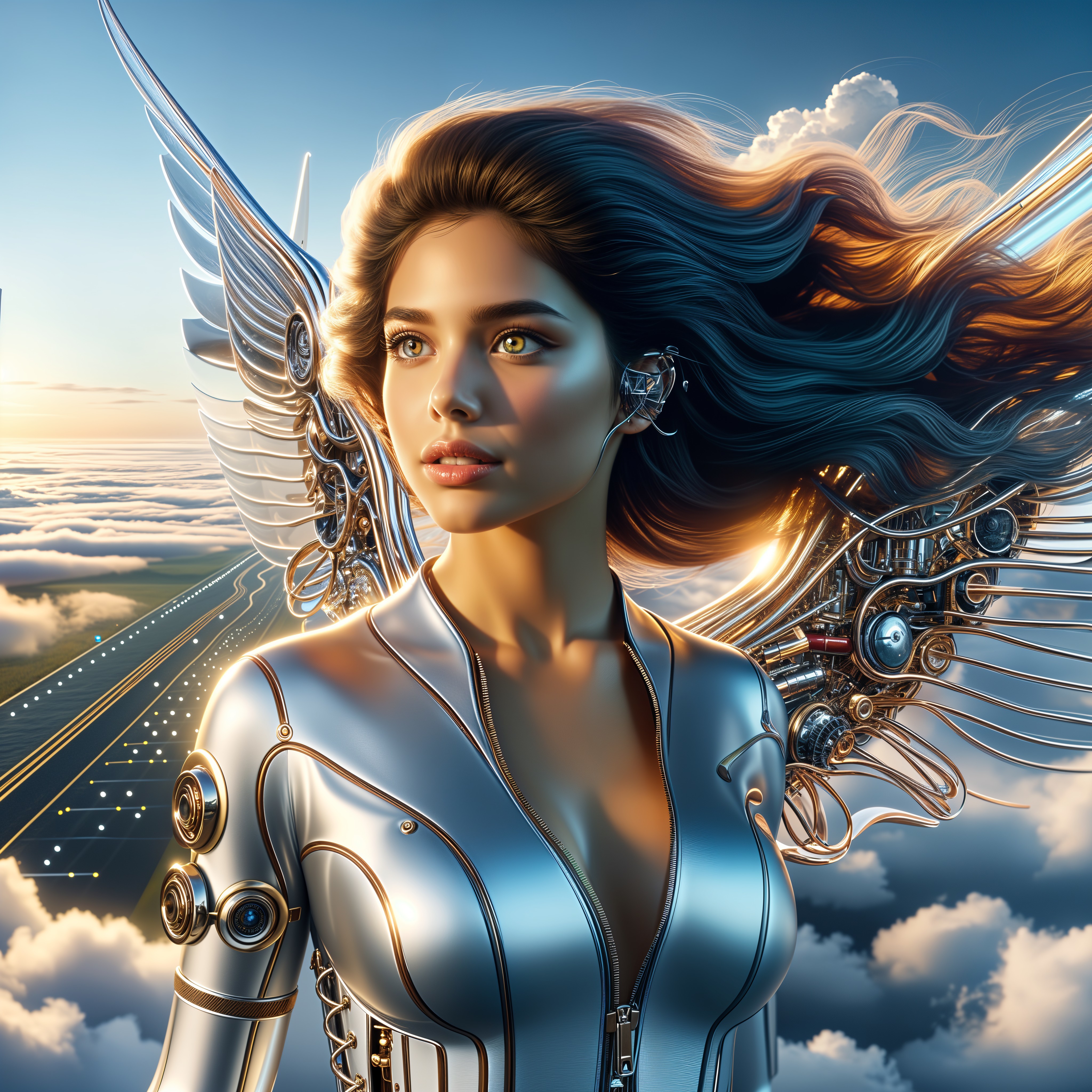 Futuristic scene of a woman with metallic wings