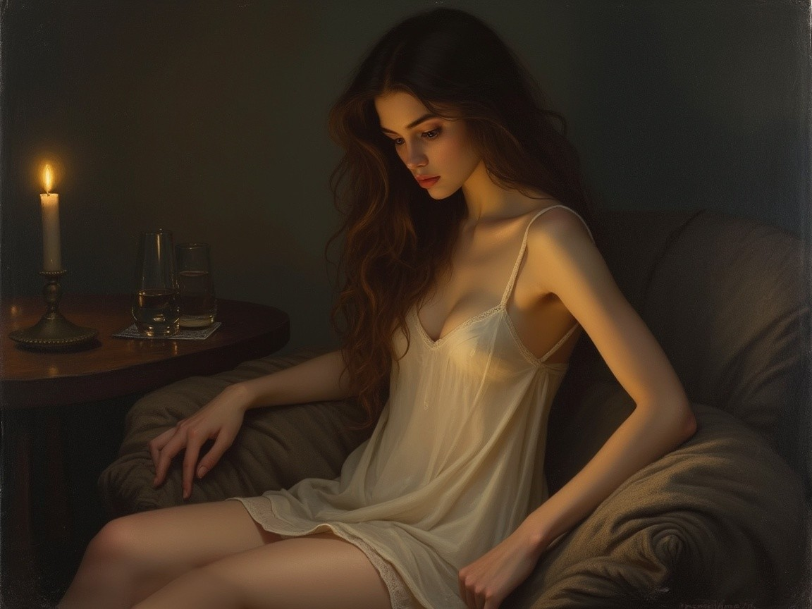 Young woman in candlelit room, lost in thought