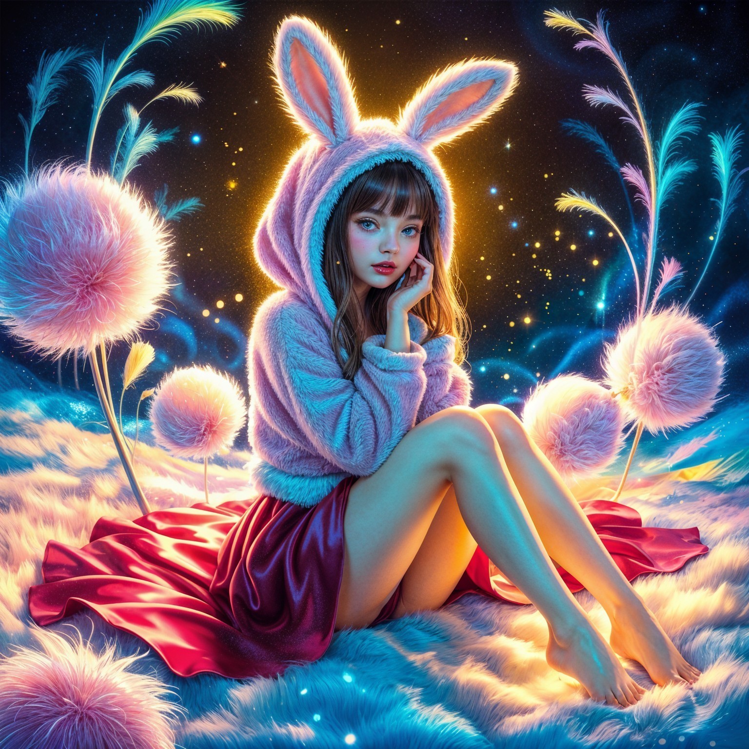 Girl in pink bunny hoodie in a magical environment