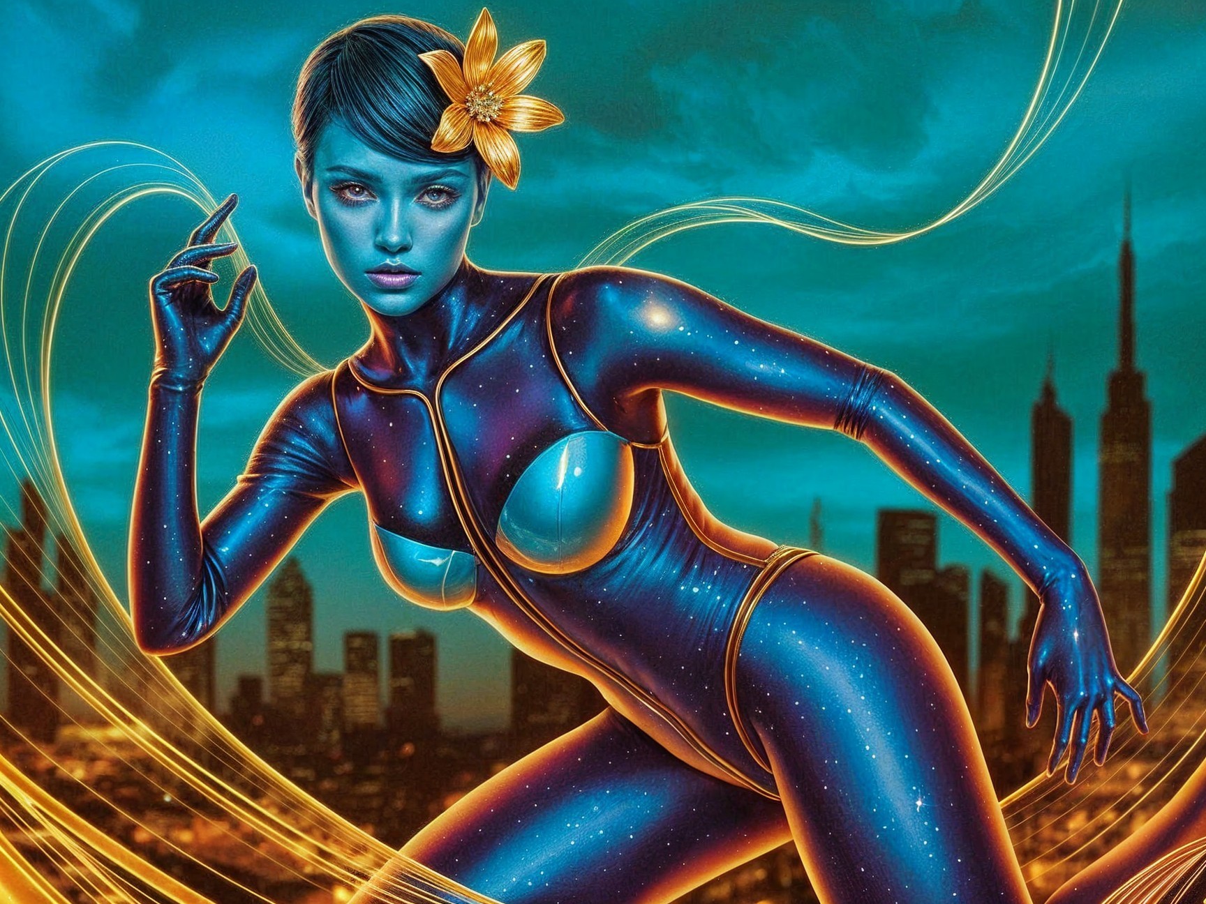 Futuristic Figure in Starry Bodysuit Against Skyline