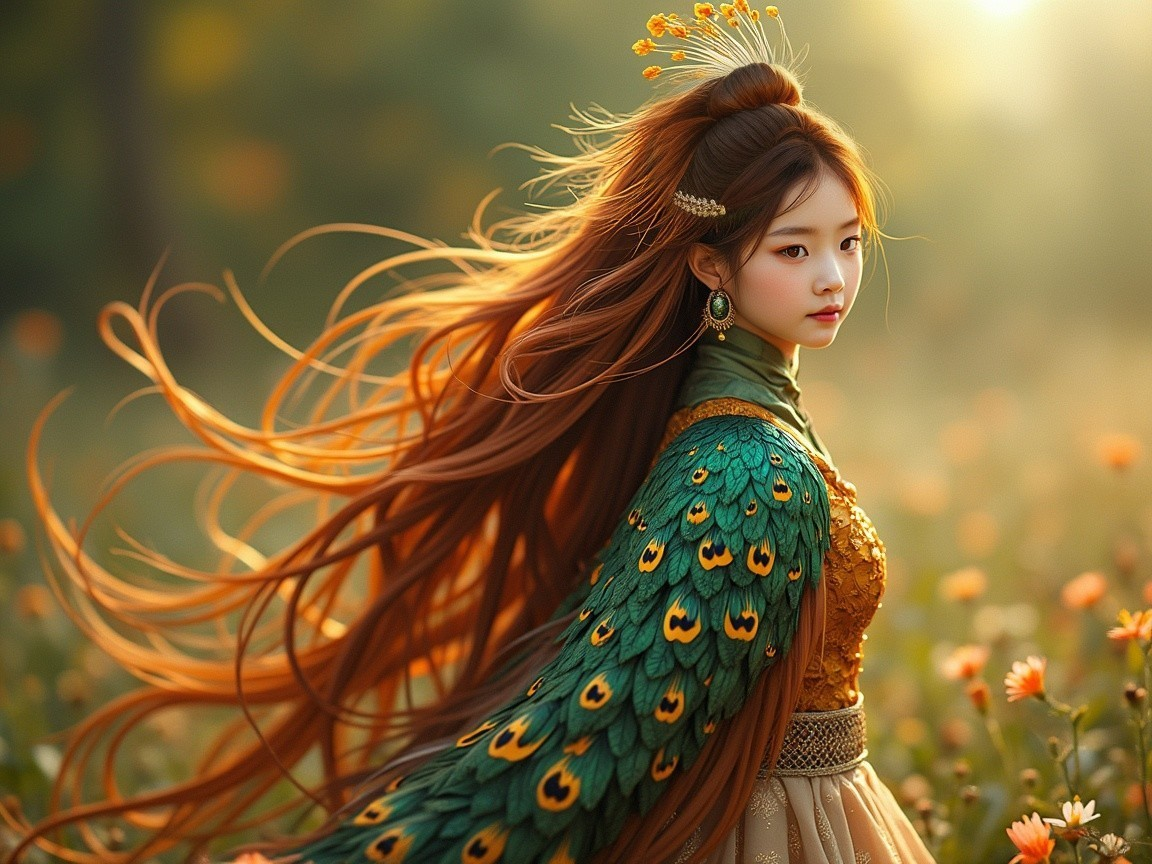 Young woman in flower-filled meadow with peacock dress