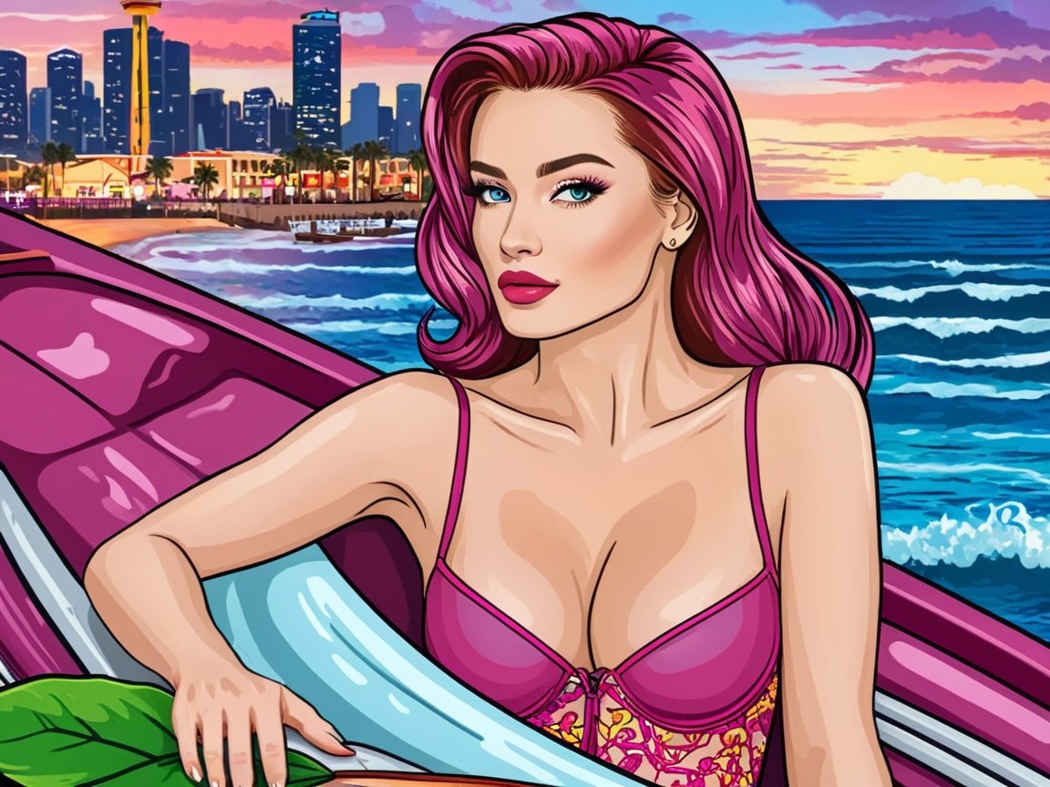 Glamorous Woman with Pink Hair by Ocean Sunset