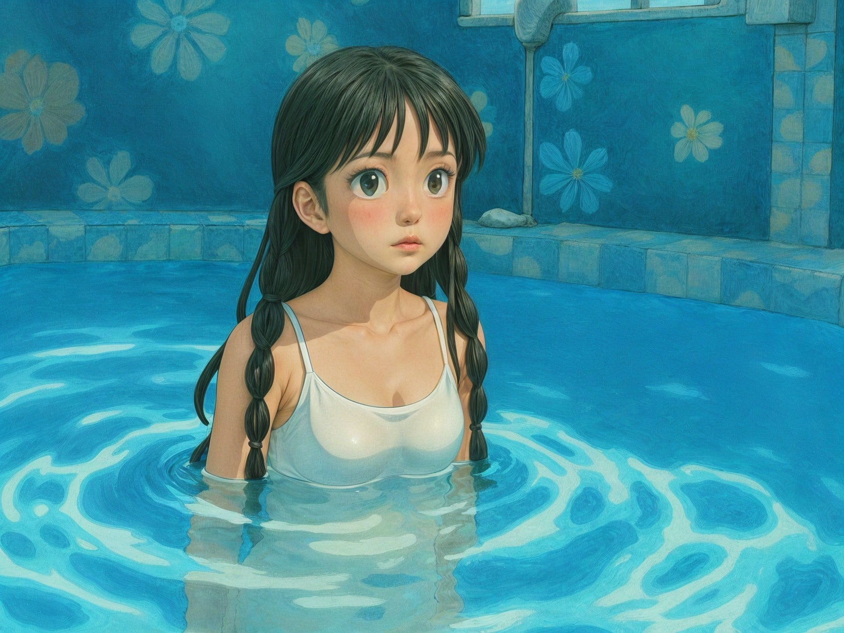 Girl in Blue Pool with Floral Background and Braids