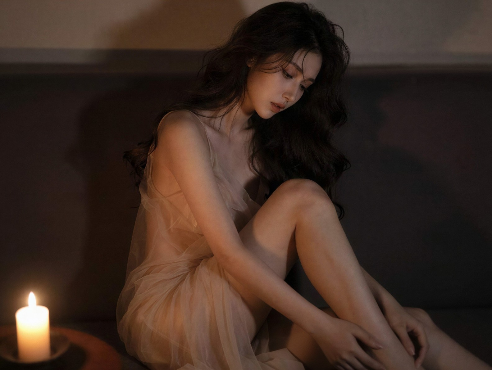 Young Woman in Transparent Peach Negligee with Candle