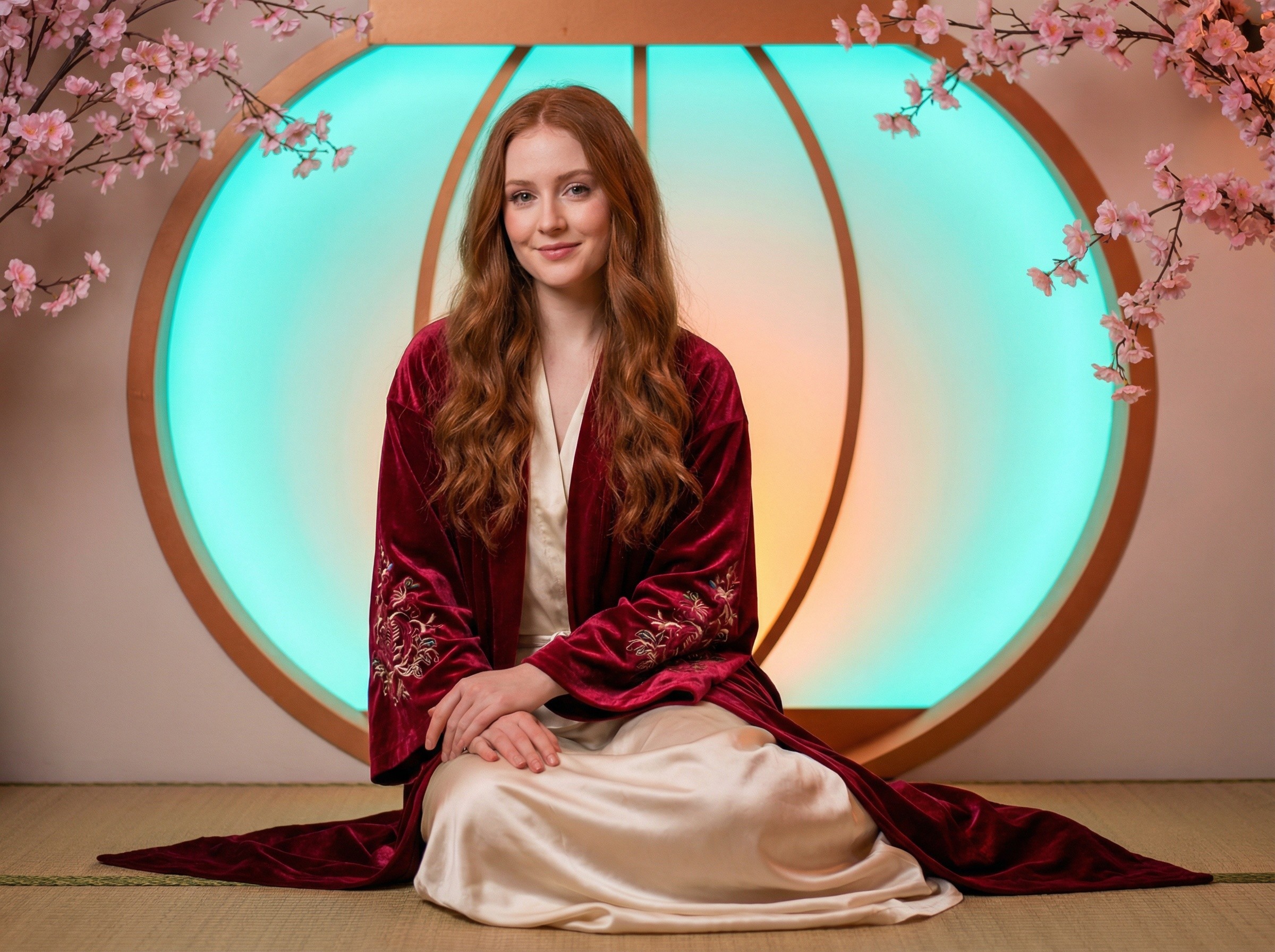 Red-haired woman in velvet kimono on tatami mat