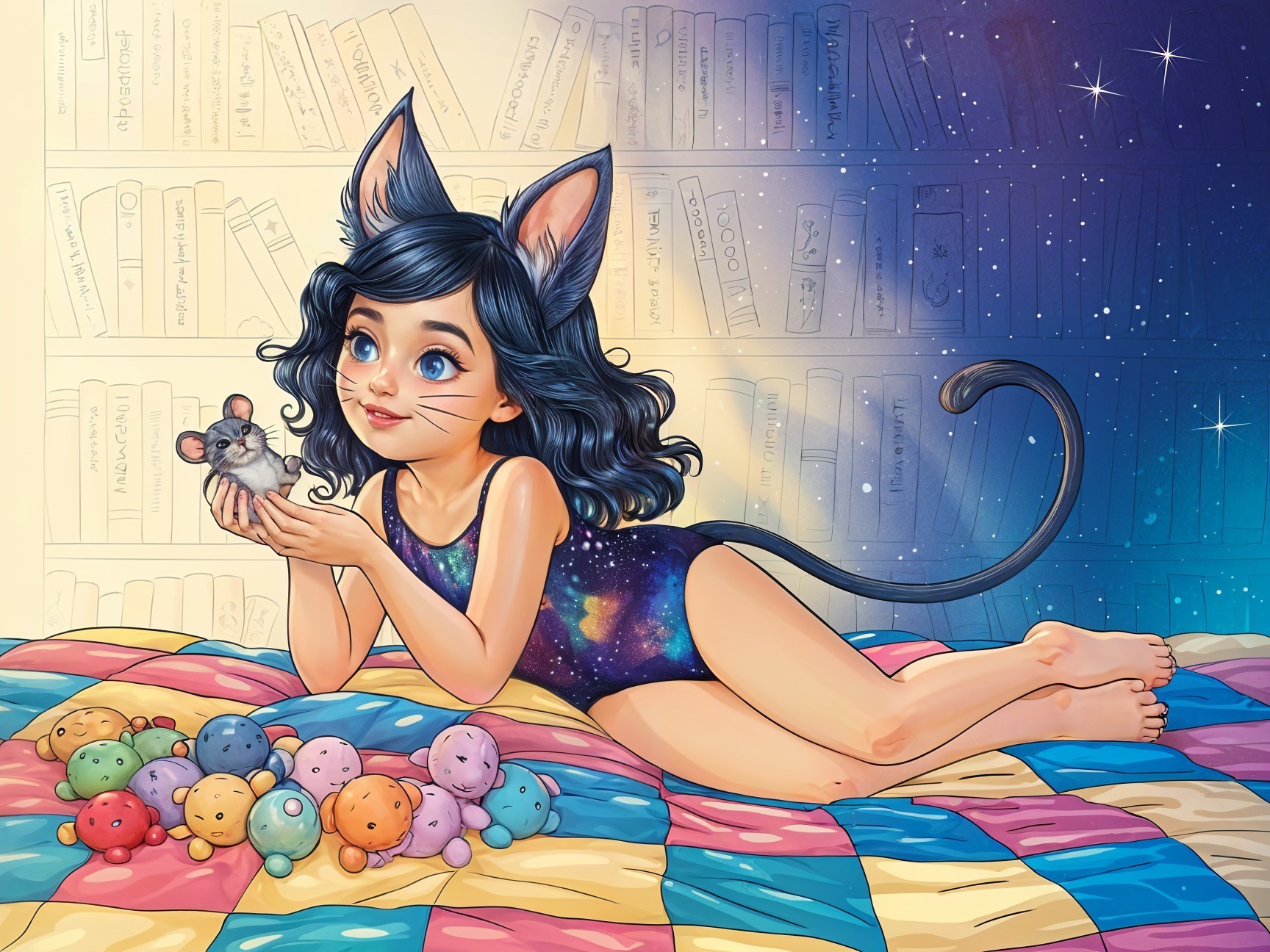 Whimsical Illustration of Girl with Cat Ears and Toys