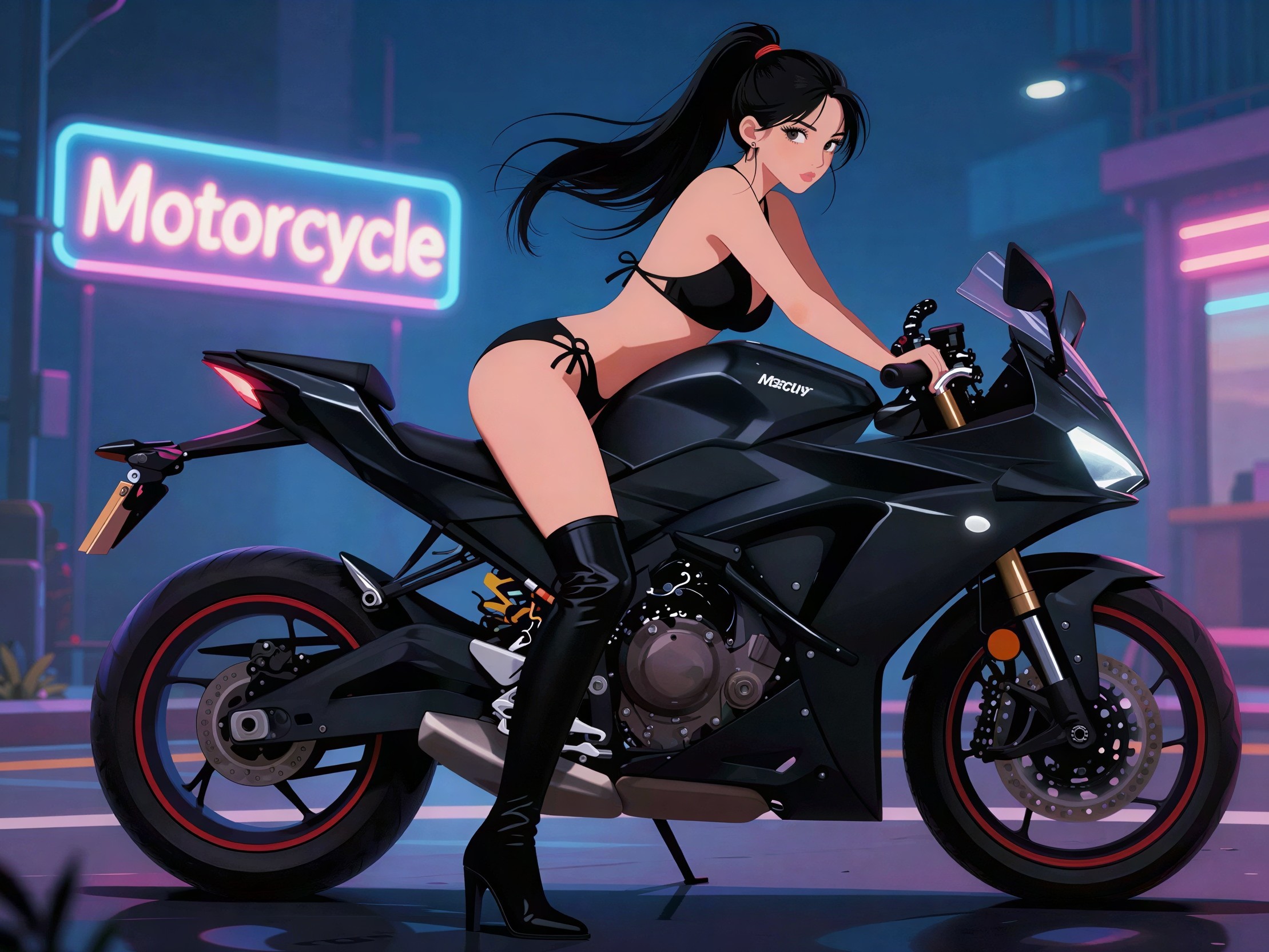 Anime girl in black bikini by motorcycle at night
