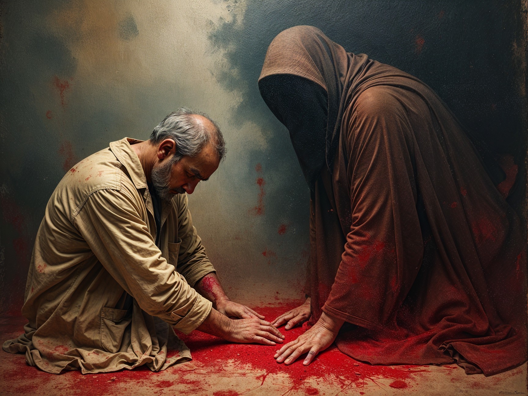 Somber Exchange Between Two Figures in Dark Setting