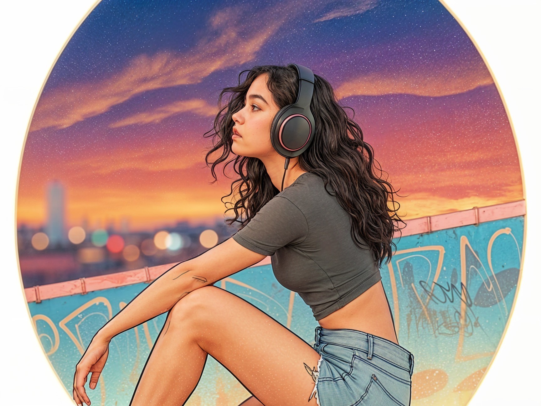 Young woman on rooftop at sunset with headphones