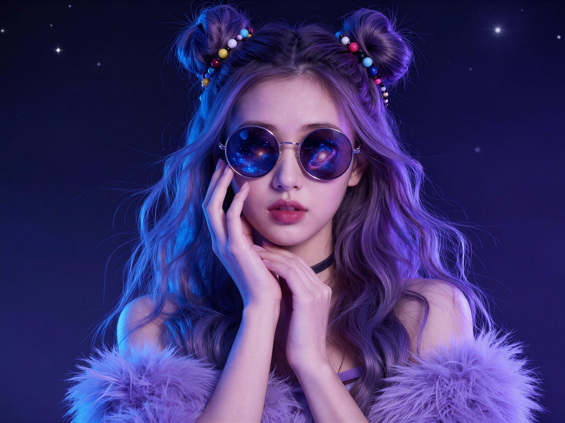 Headshot of a woman with purple hair and sunglasses