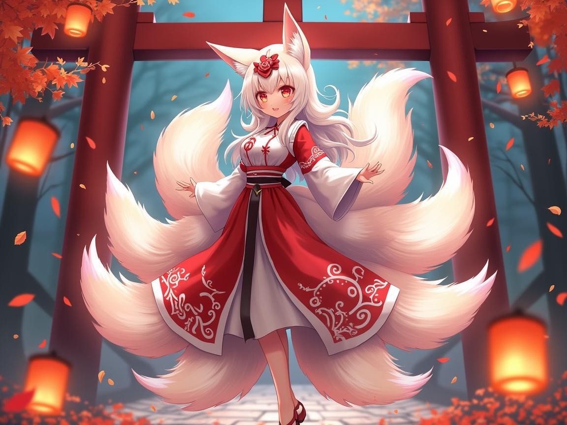 Majestic fox spirit in traditional kimono in serene landscape