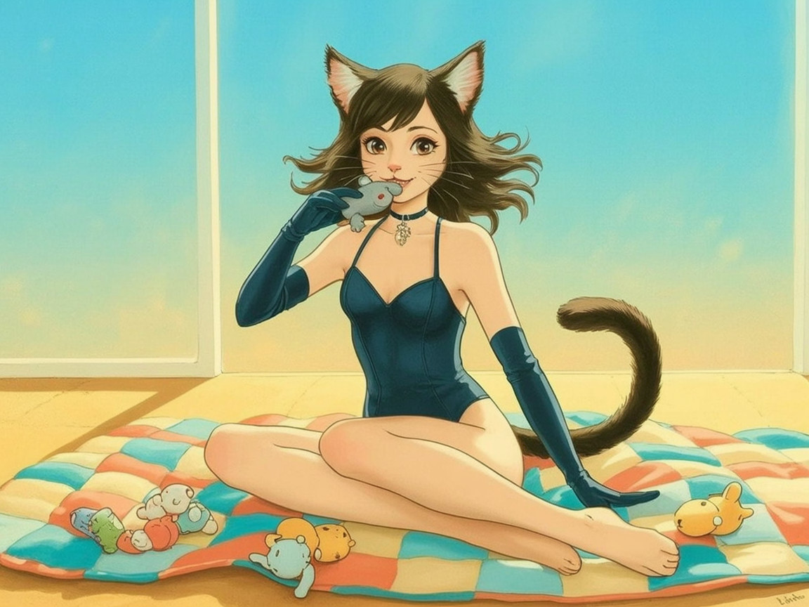 Whimsical Scene of Young Woman with Cat Features
