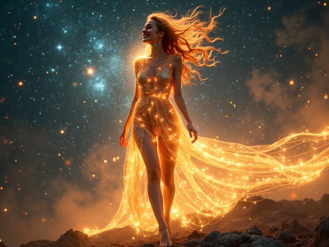 Luminous figure in a starry cosmic landscape