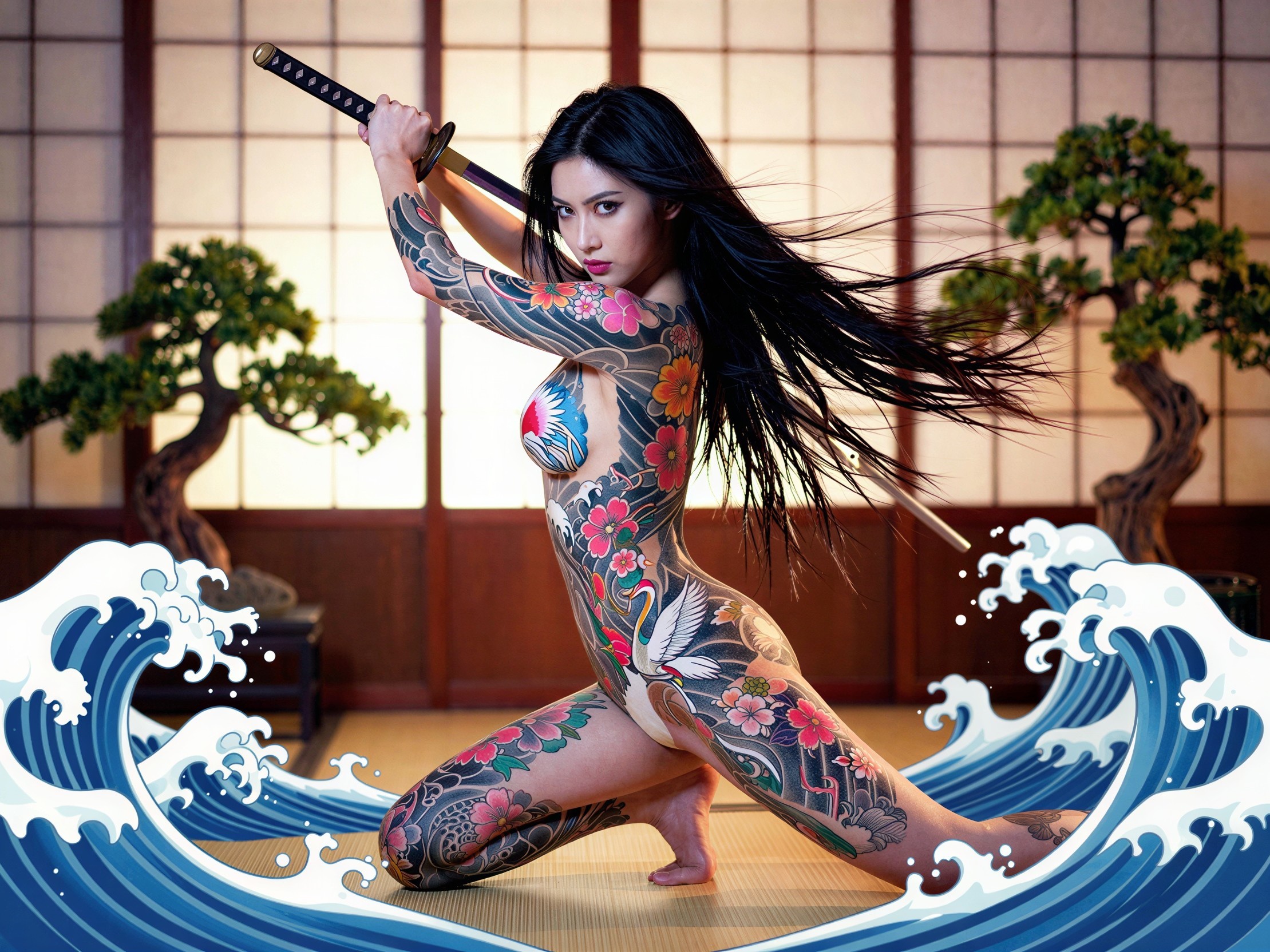 Tattooed Japanese Woman with Katana in Fighting Stance
