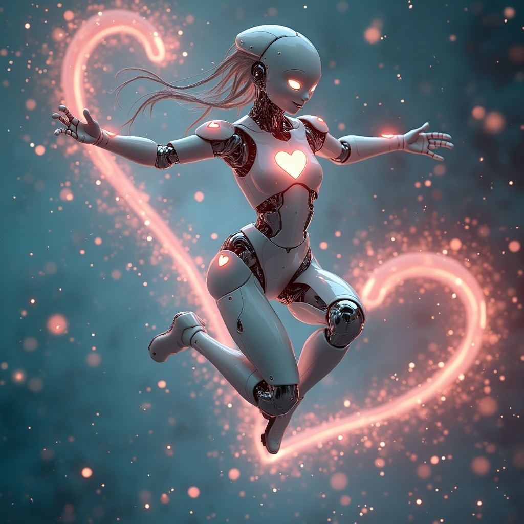 Futuristic robot mid-jump with glowing heart designs