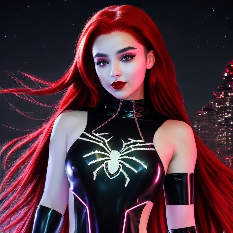 Red-haired figure in black bodysuit against cityscape