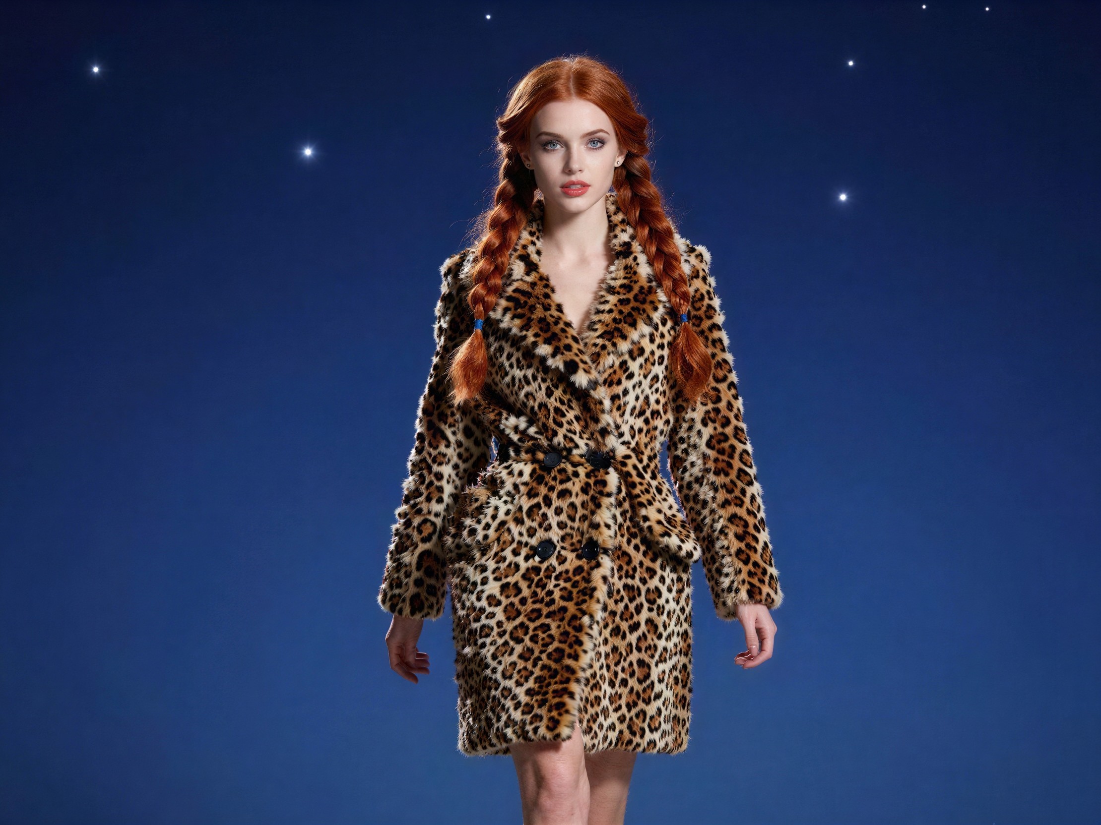 Young woman in black cheetah coat on navy background