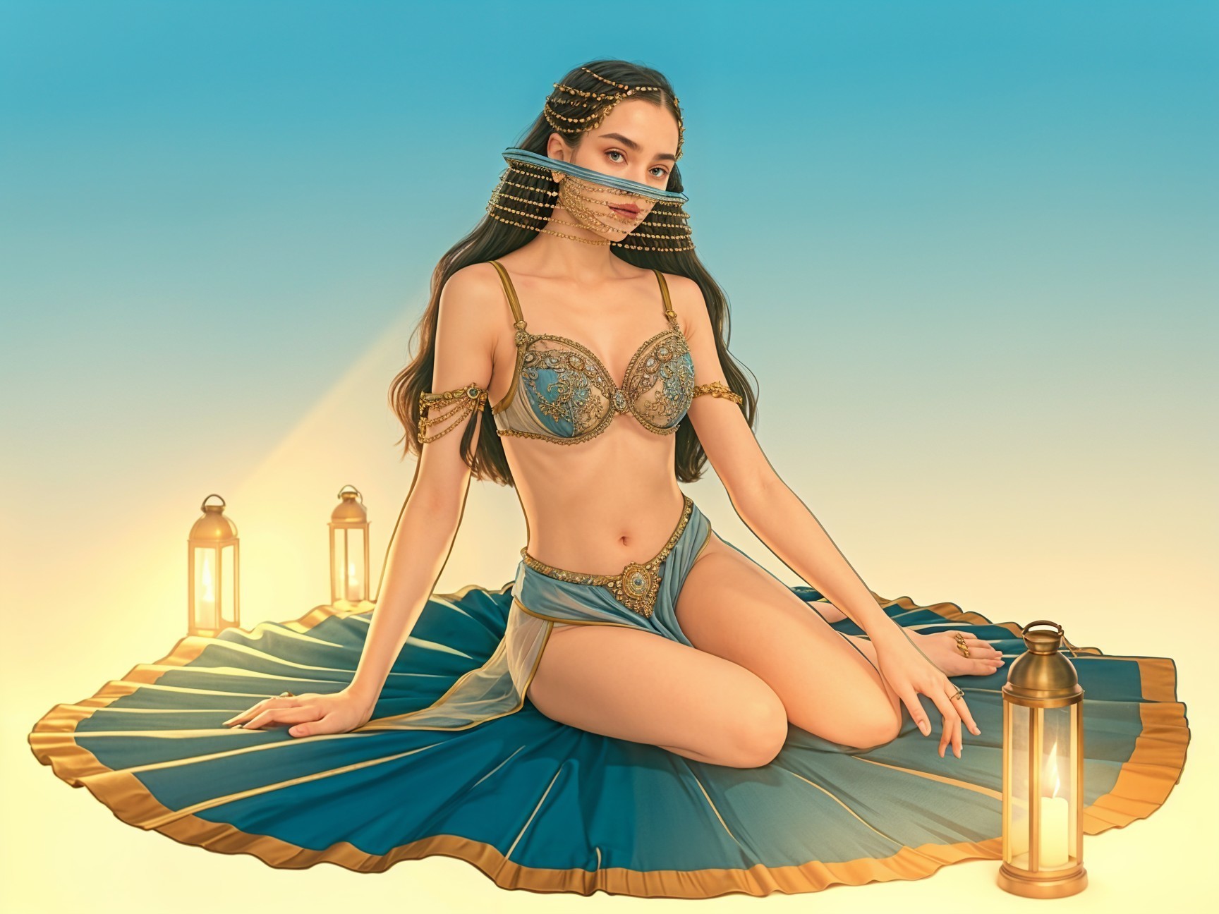 Elegant figure in blue skirt with gold detailing