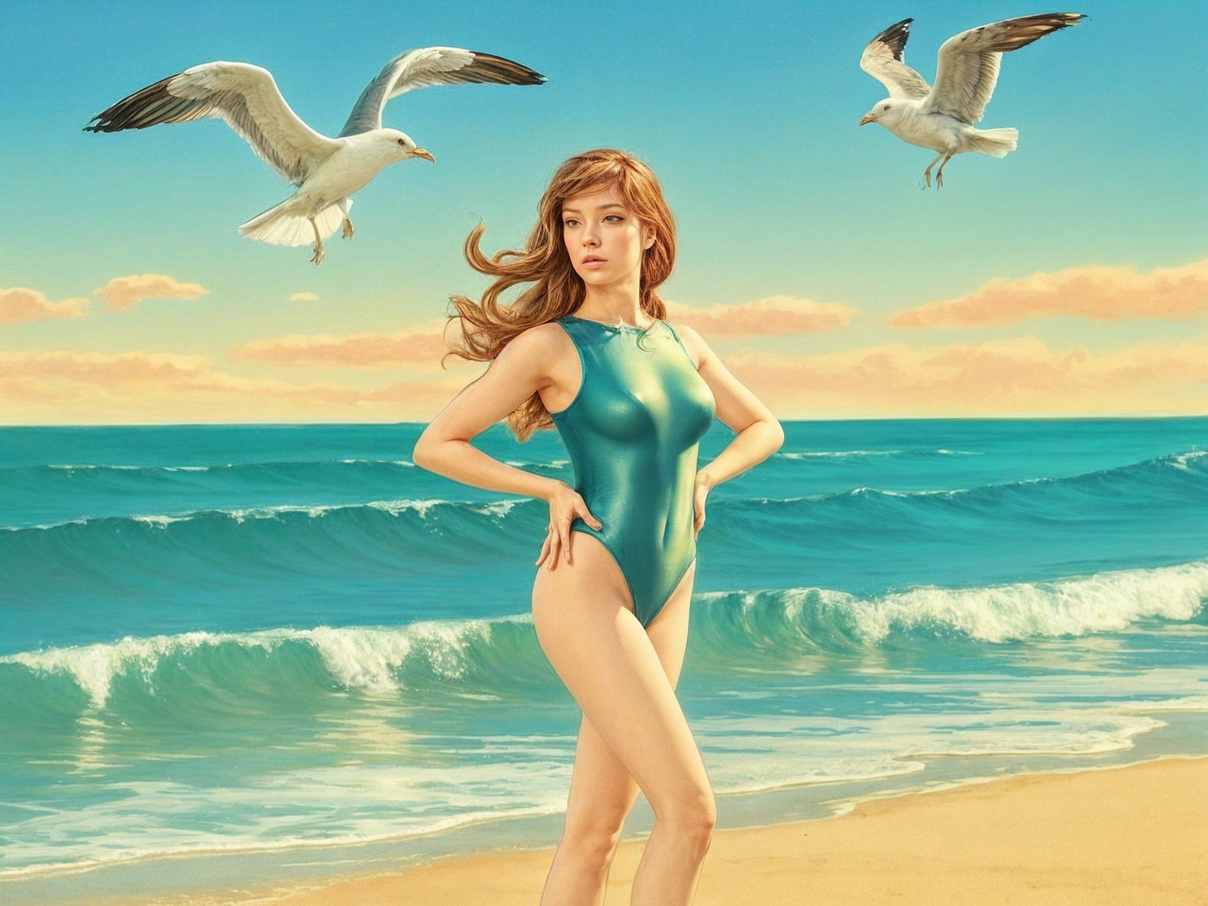 Young woman in teal swimsuit on a beach with ocean view