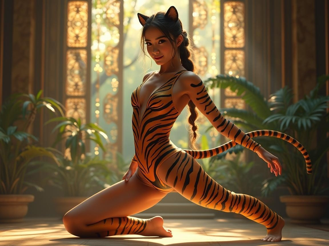 Feline Figure in Tiger-Striped Bodysuit and Warm Light