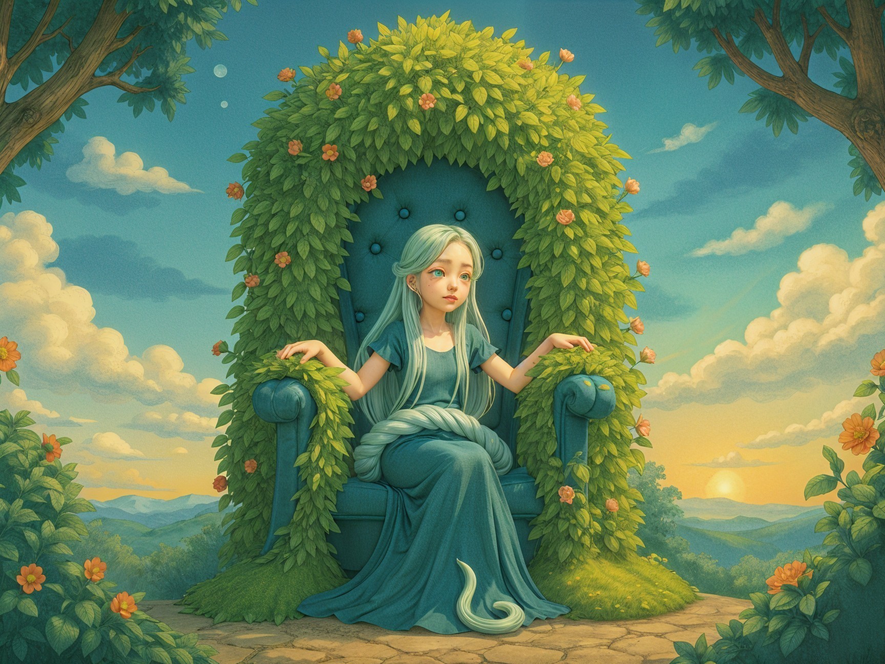 Serene Young Girl on Throne Surrounded by Nature