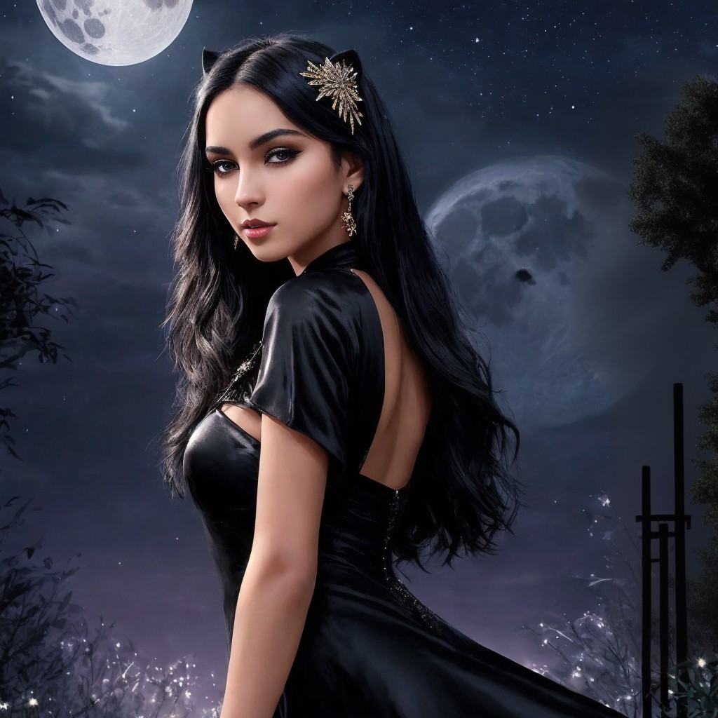 Mysterious Woman in Black Dress Under Two Moons