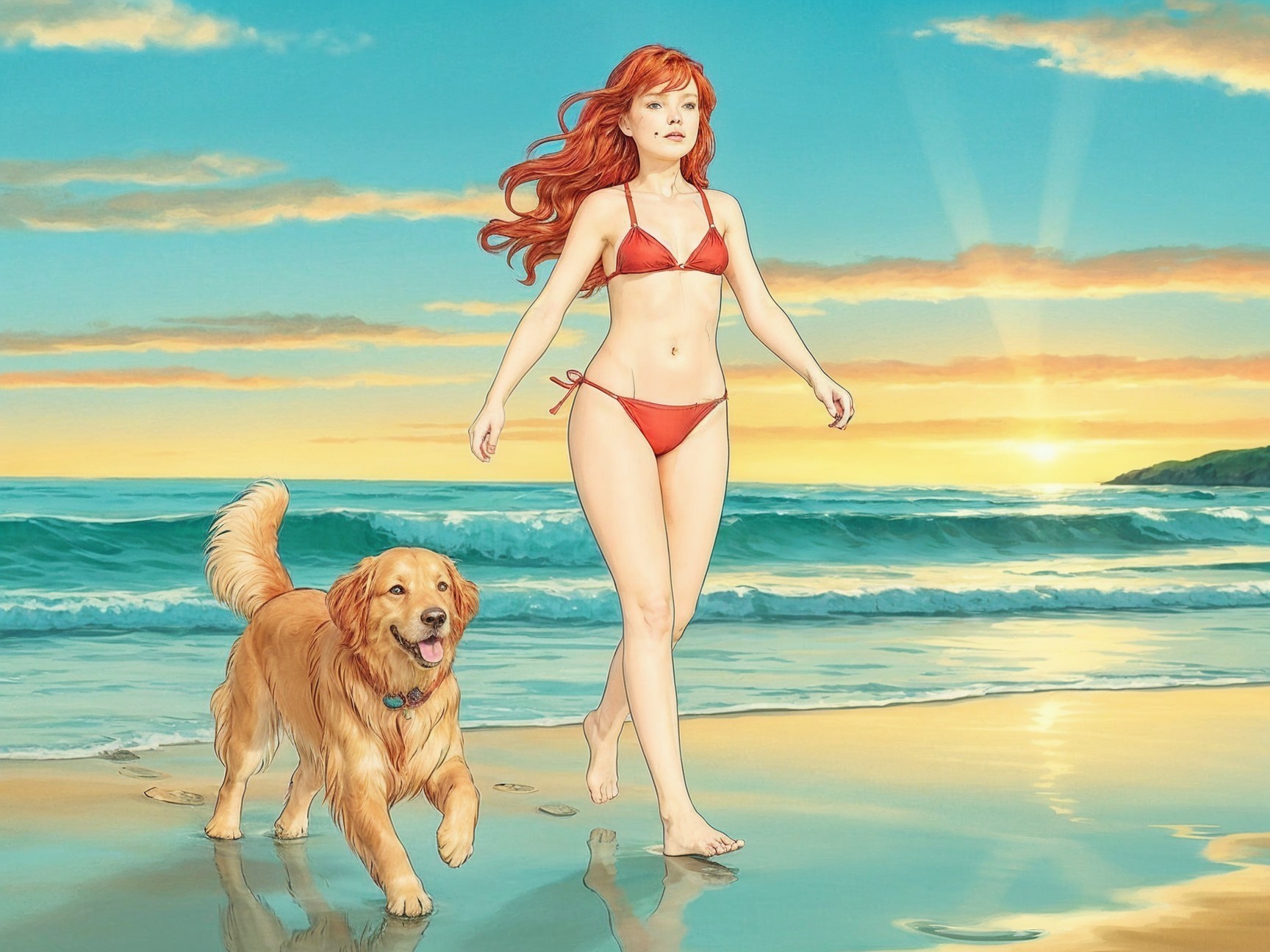 Woman with Red Hair and Dog on Sunlit Beach