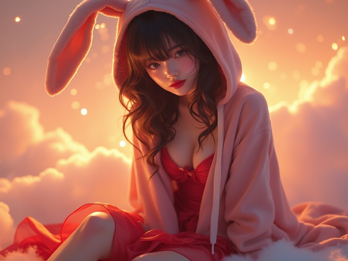 Young woman in pink bunny hoodie among fluffy clouds