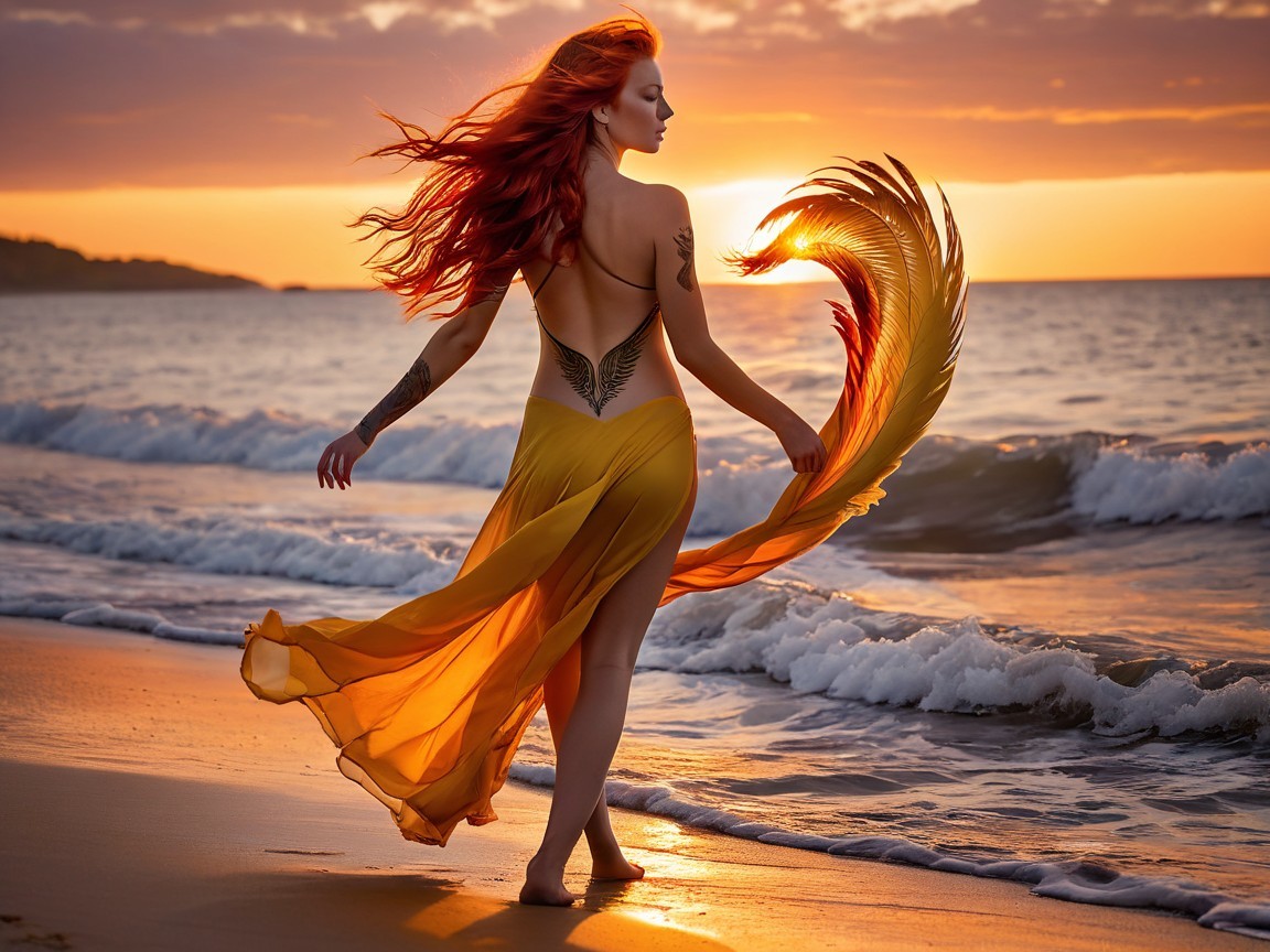 Woman with Red Hair in Yellow Dress at Sunset Beach