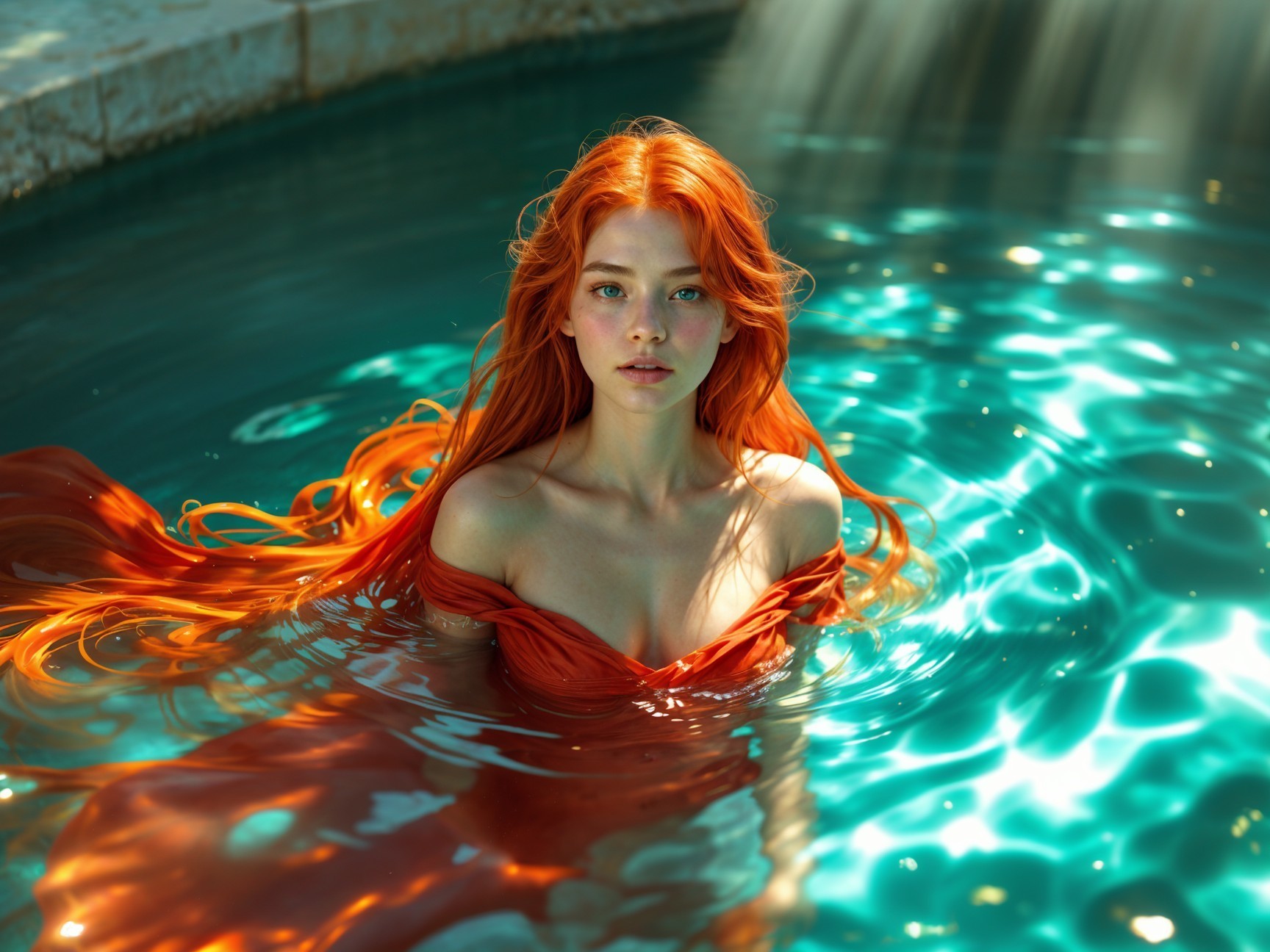 Young woman in orange dress by turquoise pool