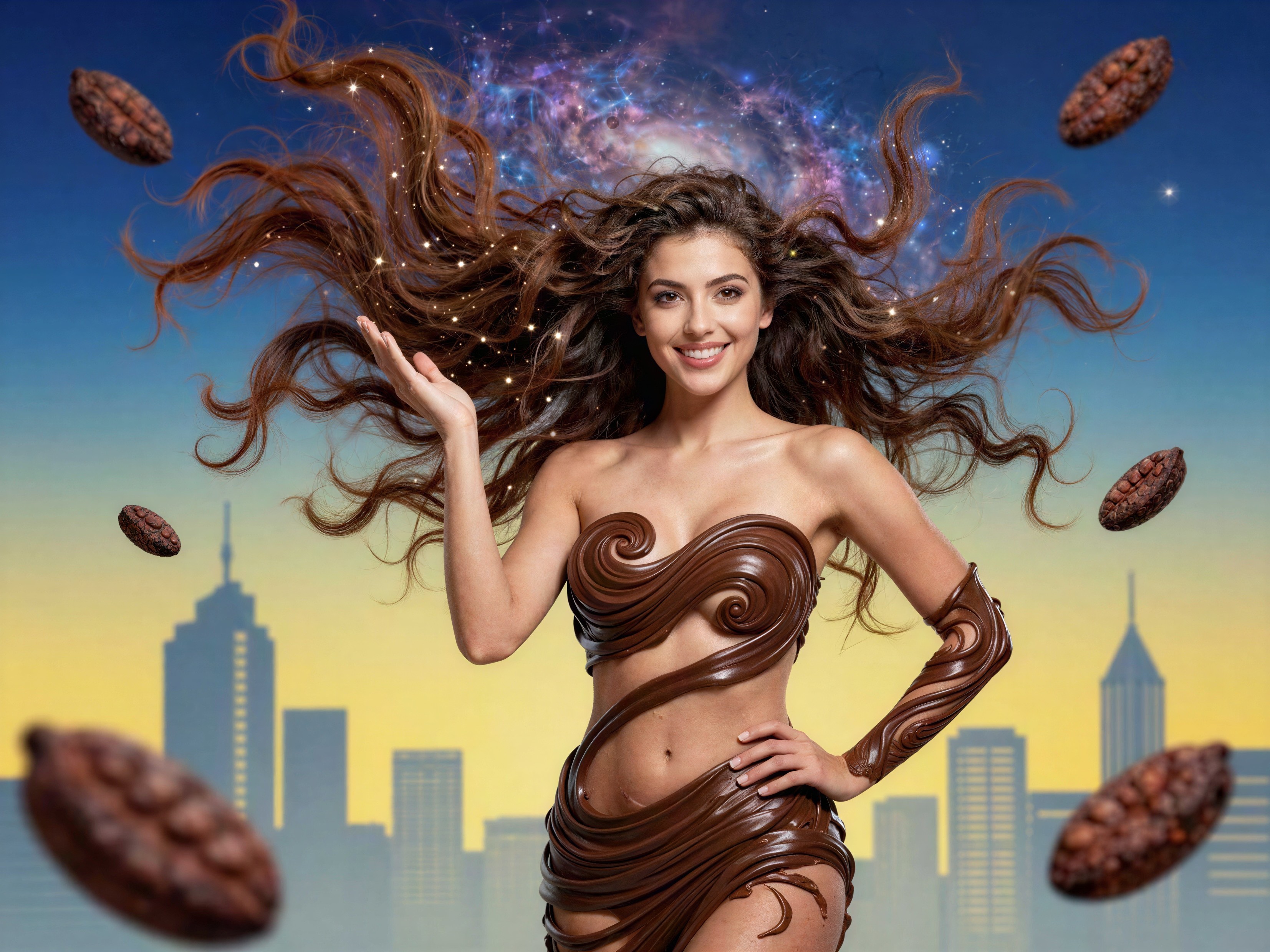 Chocolate Woman with Galaxy Background and Cityscape
