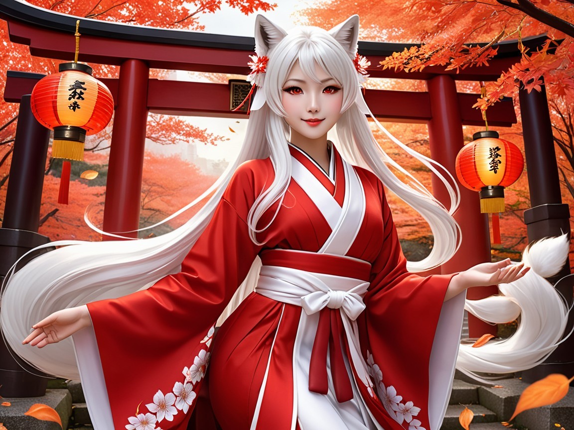 Graceful Figure in Red Kimono Among Autumn Foliage