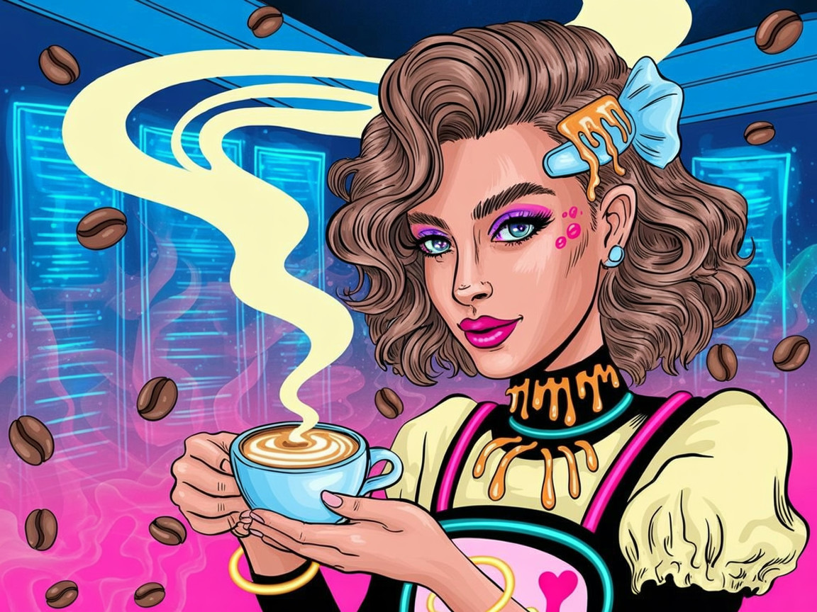 Vibrant Illustration of a Stylish Woman with Coffee
