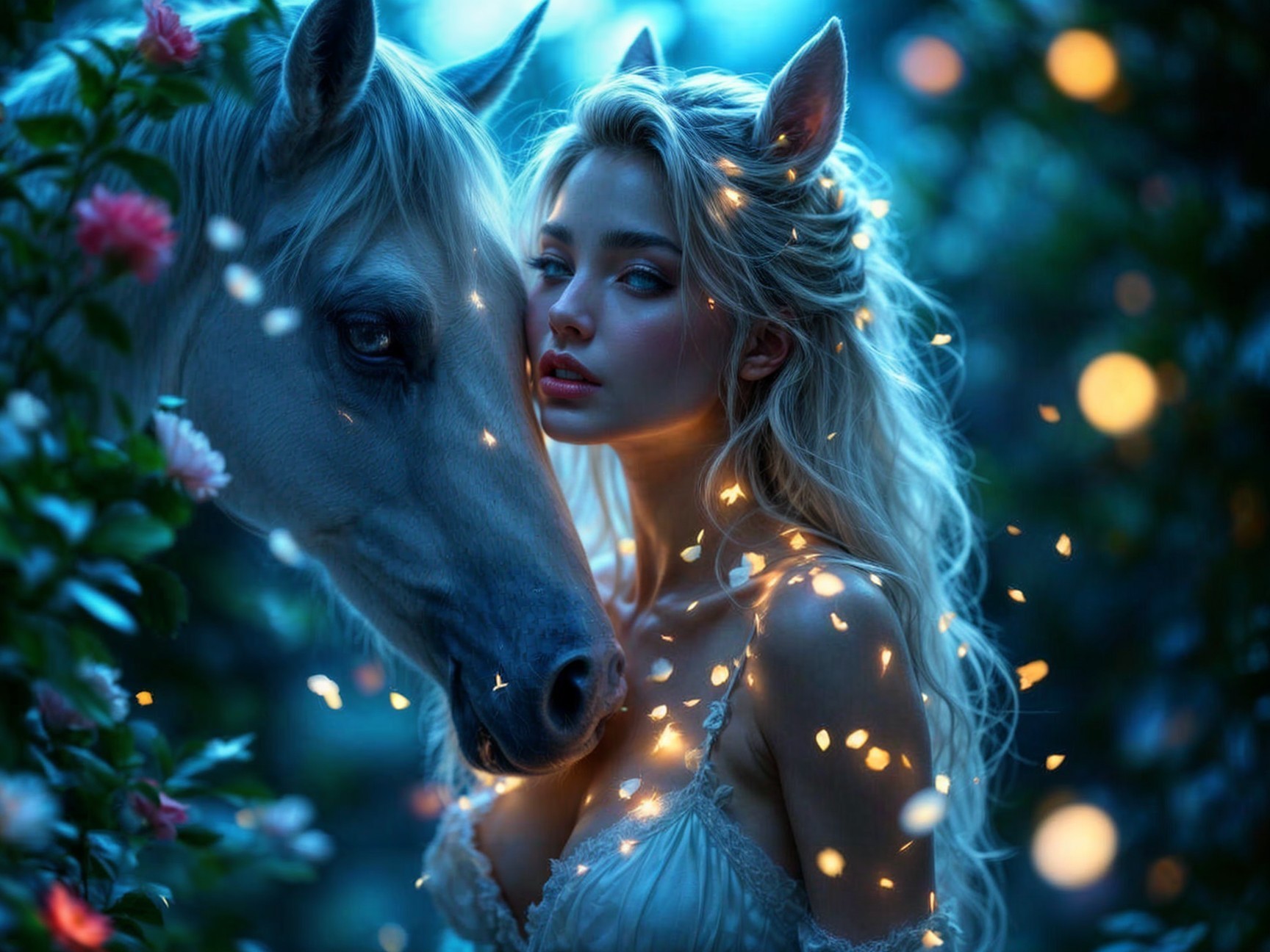 Dreamy Twilight Scene with Woman and White Horse