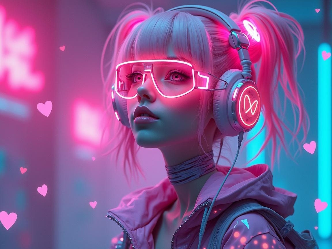 Futuristic character with pink hair in cyberpunk setting