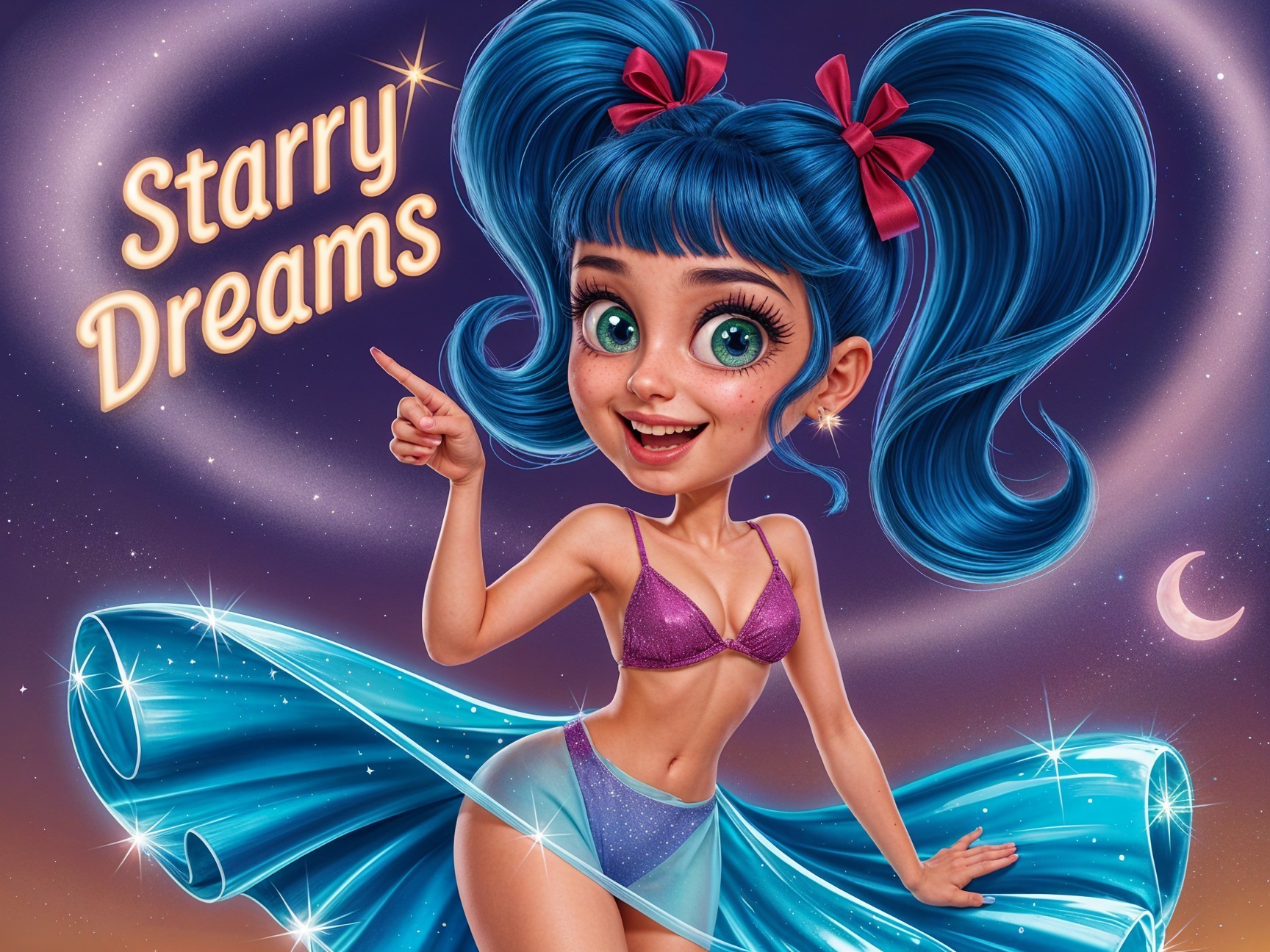 Cheerful animated girl with blue hair in night sky
