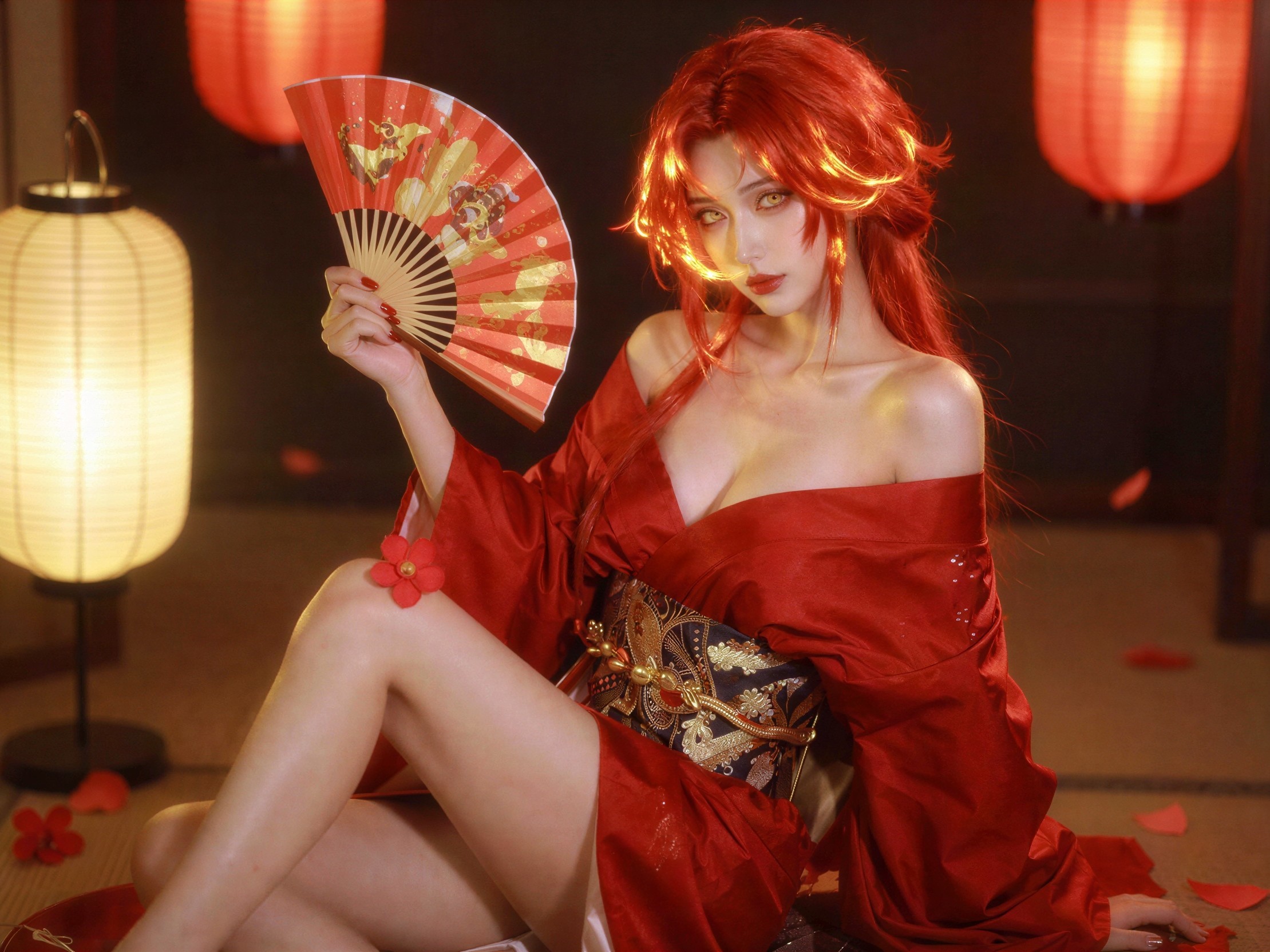 Elegant Woman in Red Kimono on Tatami Mat