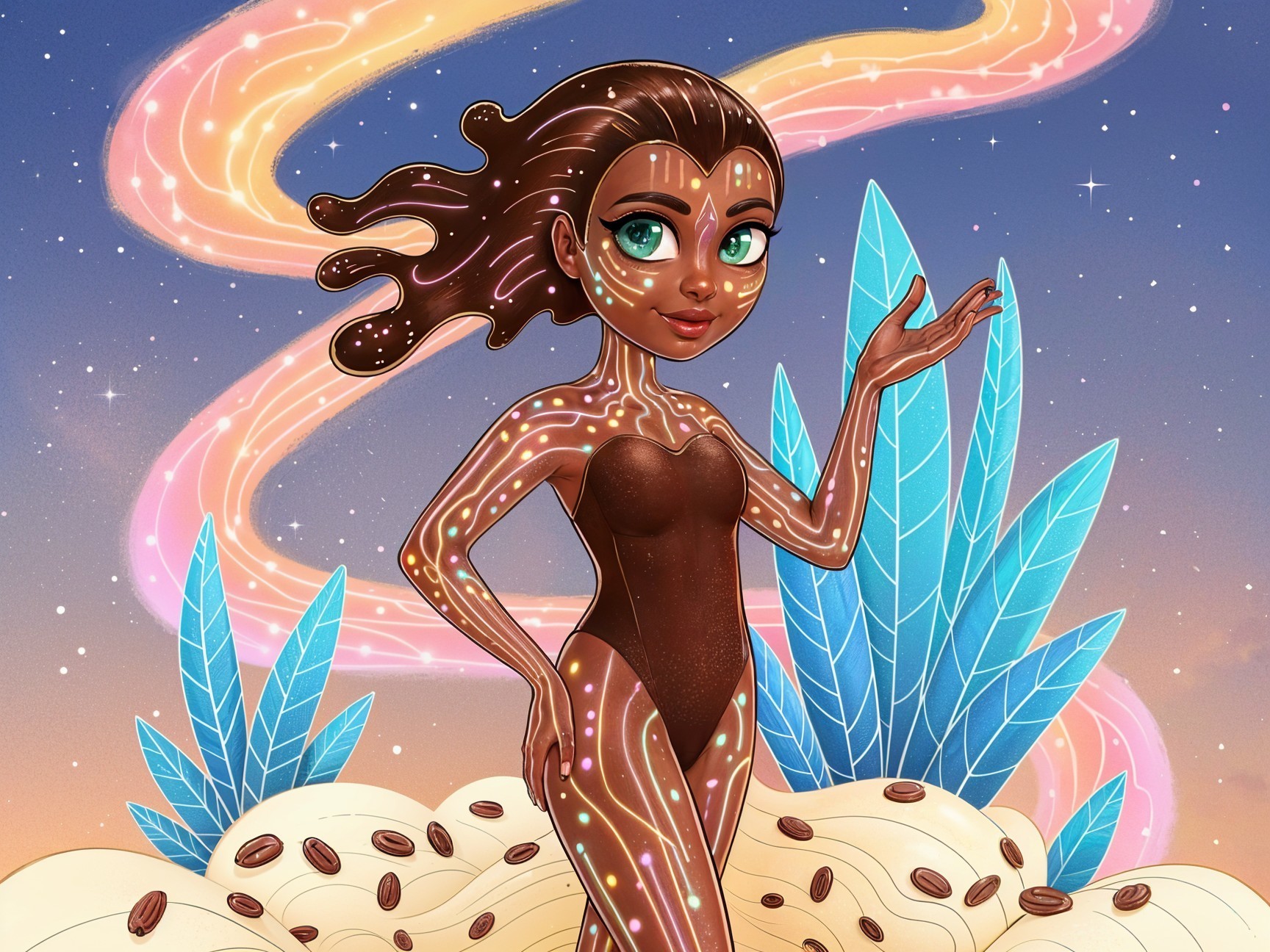 Whimsical Character with Glowing Patterns and Clouds