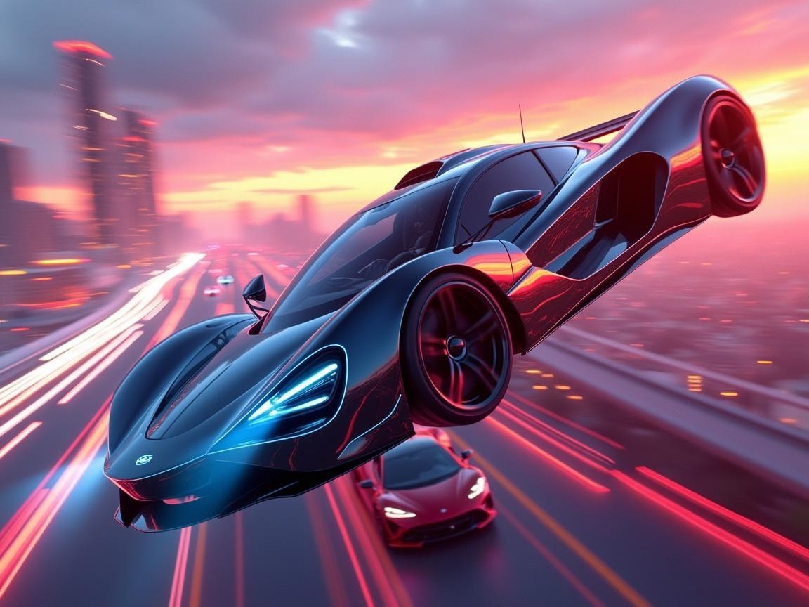Futuristic Sports Car Over City at Dusk