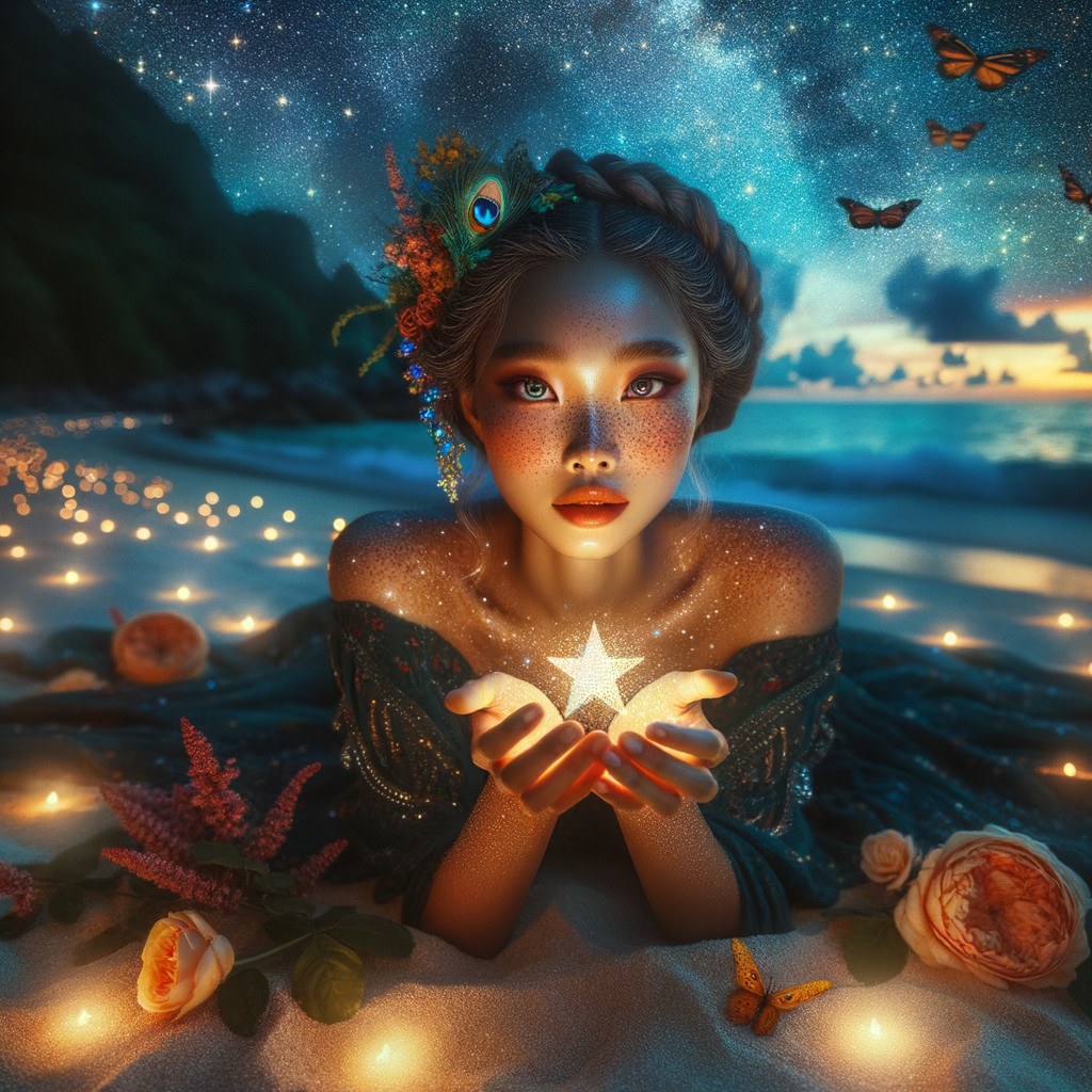 Whimsical Portrait with Starry Skin and Twilight Beach