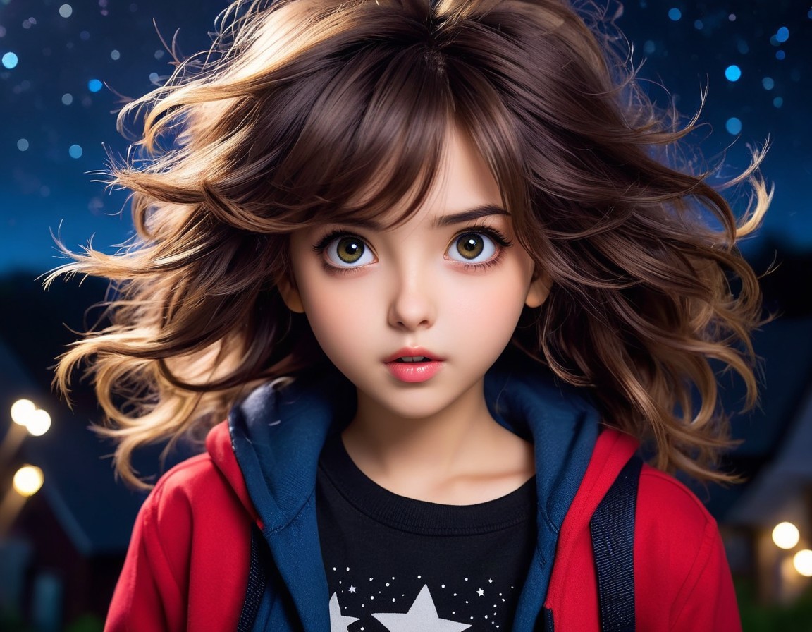 Young girl in red hoodie against starry night sky