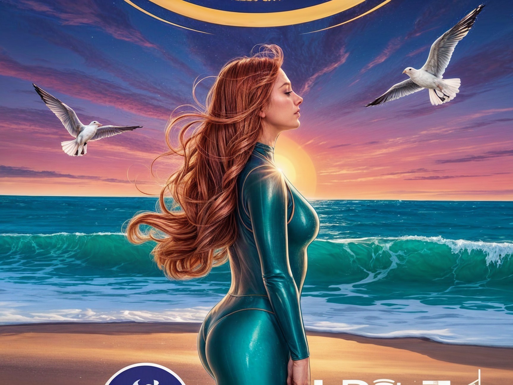 Woman in teal wetsuit on beach at sunset