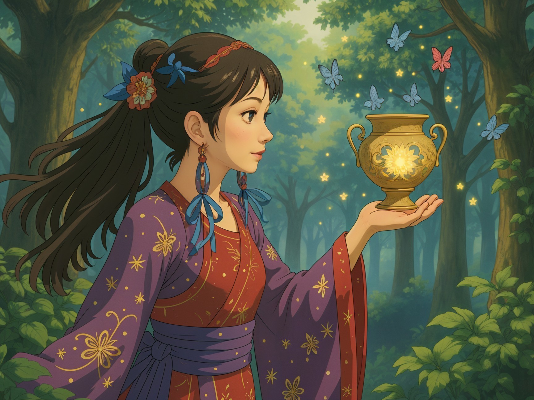 Young girl in kimono with glowing vase in forest