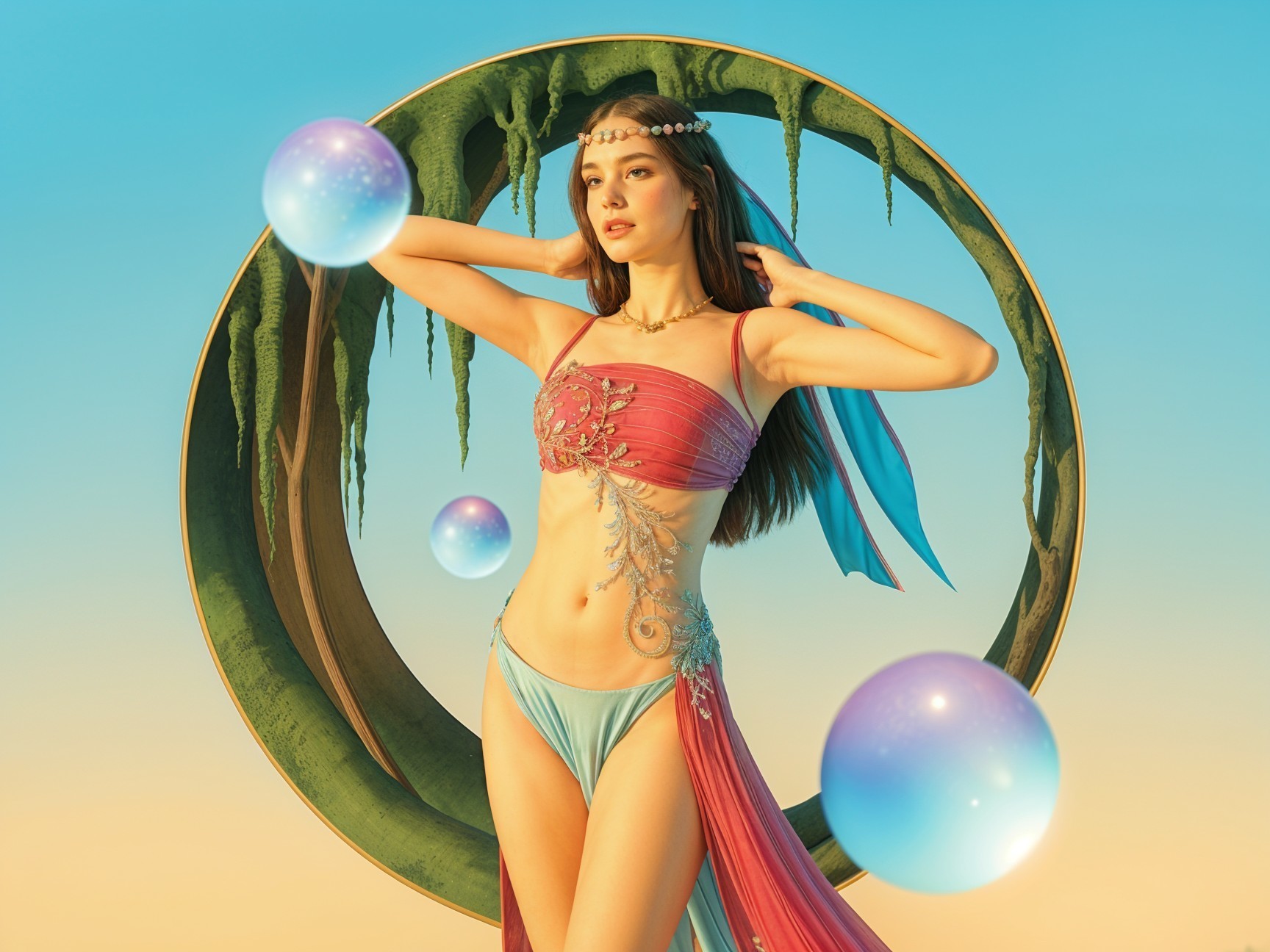 Surreal Figure in Vibrant Outfit with Dreamy Backdrop