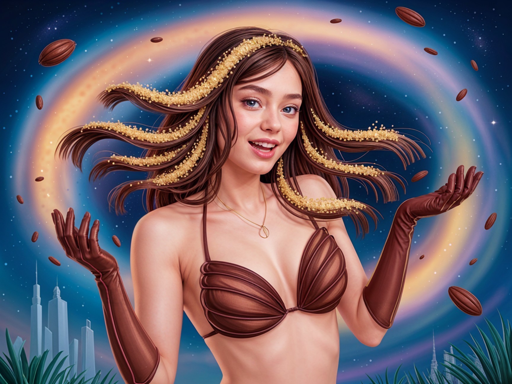 Whimsical Illustration of Woman with Chocolate Hair