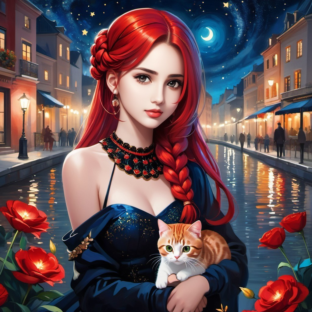Young woman with red hair by a canal at night